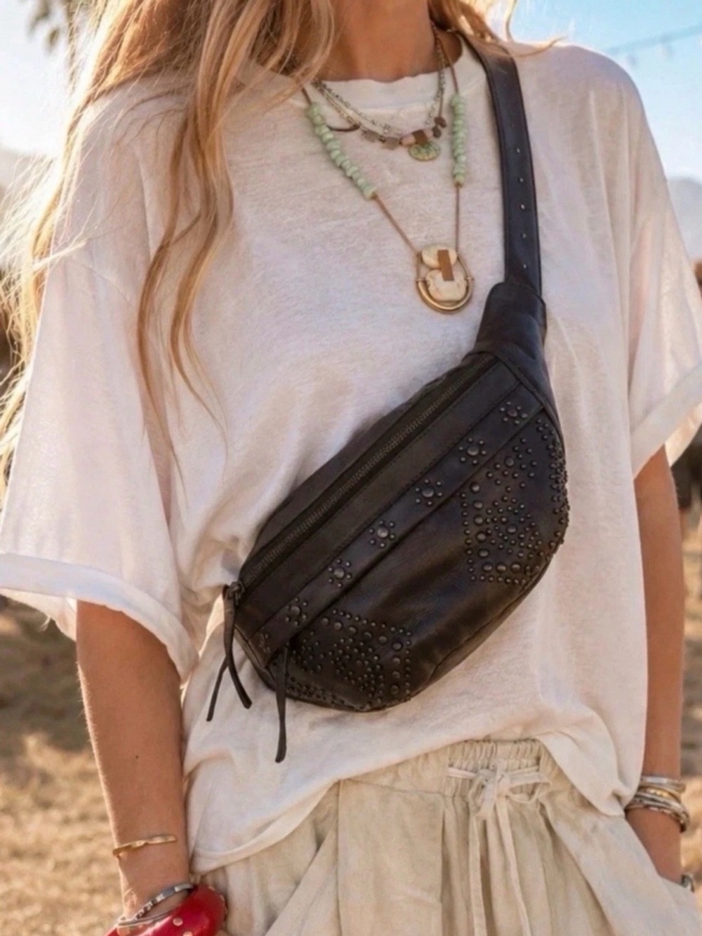 Free People Ana Studded Black Leather Waist Sling Bag NWOT
